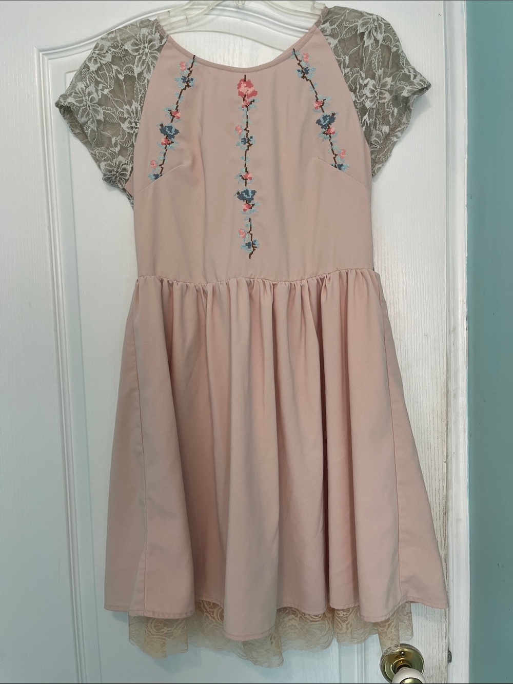 Blush Pink Lace-Sleeve Embroidered kawaii dream Dress